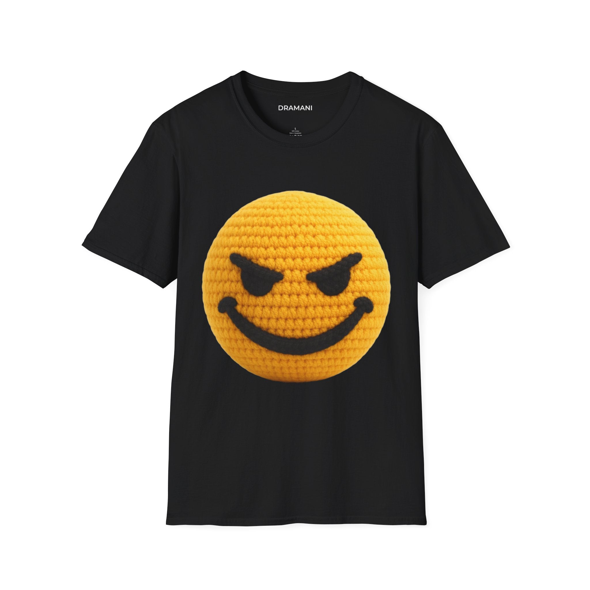 Evil Smiley Face Graphic T-Shirt | Crochet Texture Emoji Tee | Edgy Streetwear Shirt