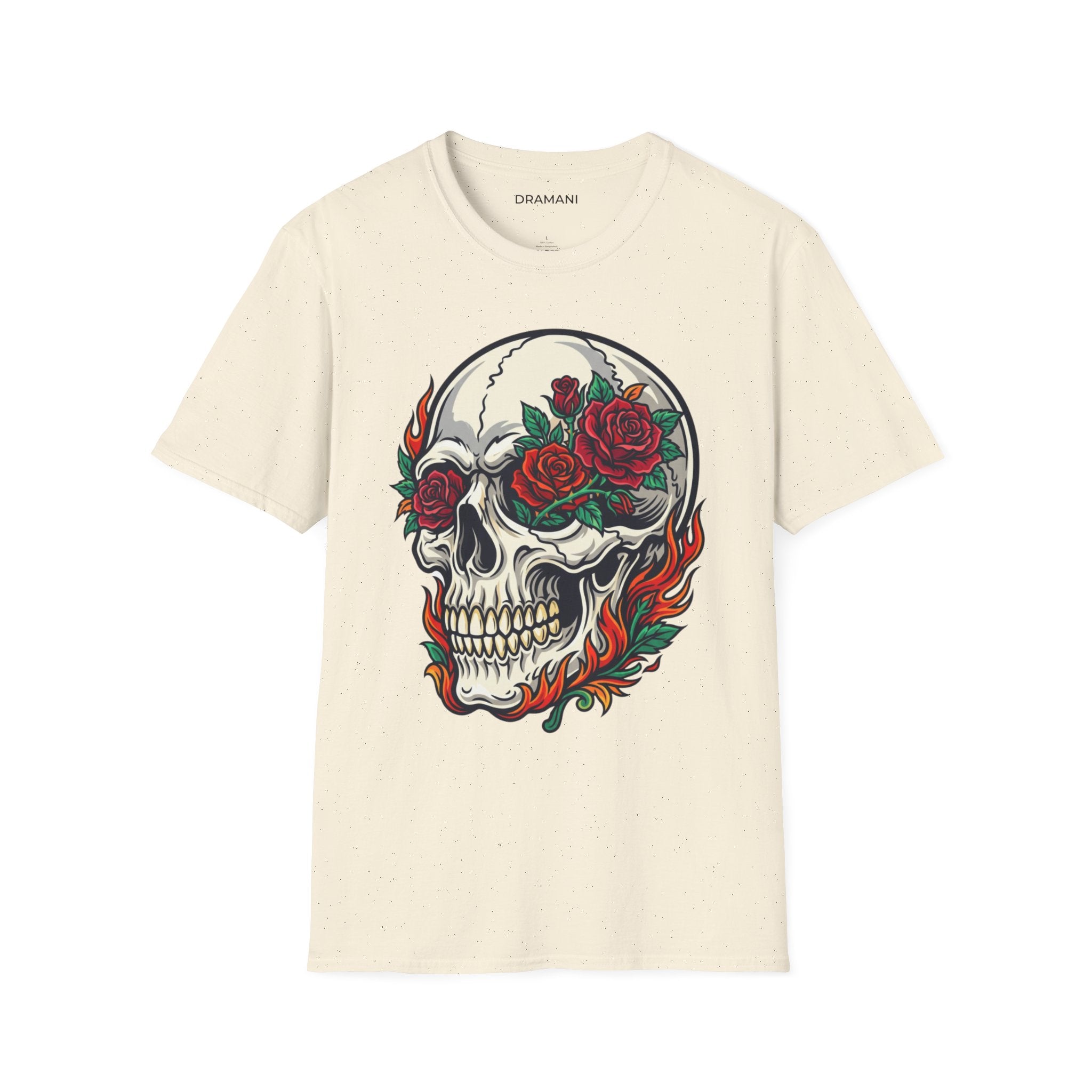 Skull Rose Graphic T-Shirt | Gothic Flame Skull Tee | Tattoo Style Streetwear