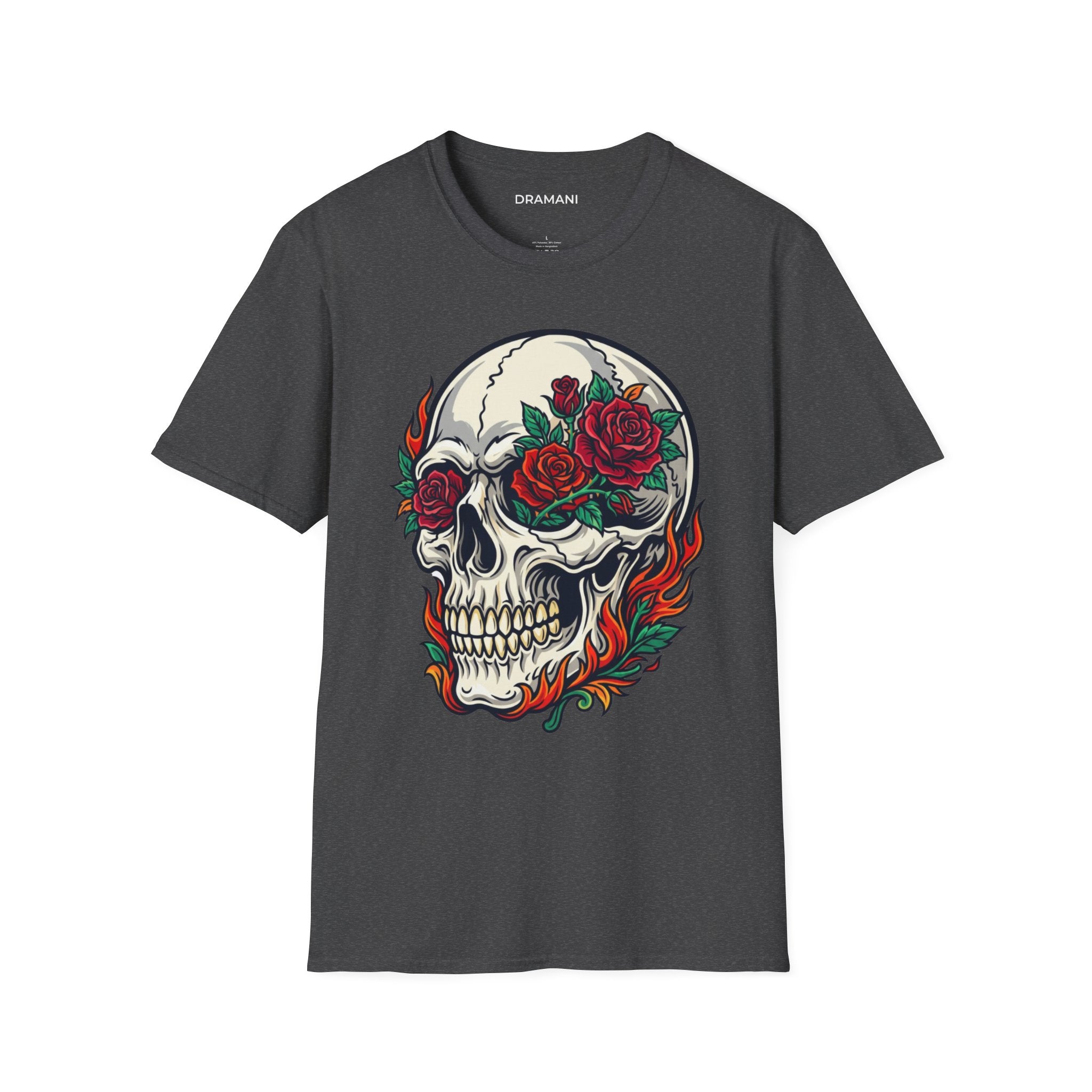 Skull Rose Graphic T-Shirt | Gothic Flame Skull Tee | Tattoo Style Streetwear
