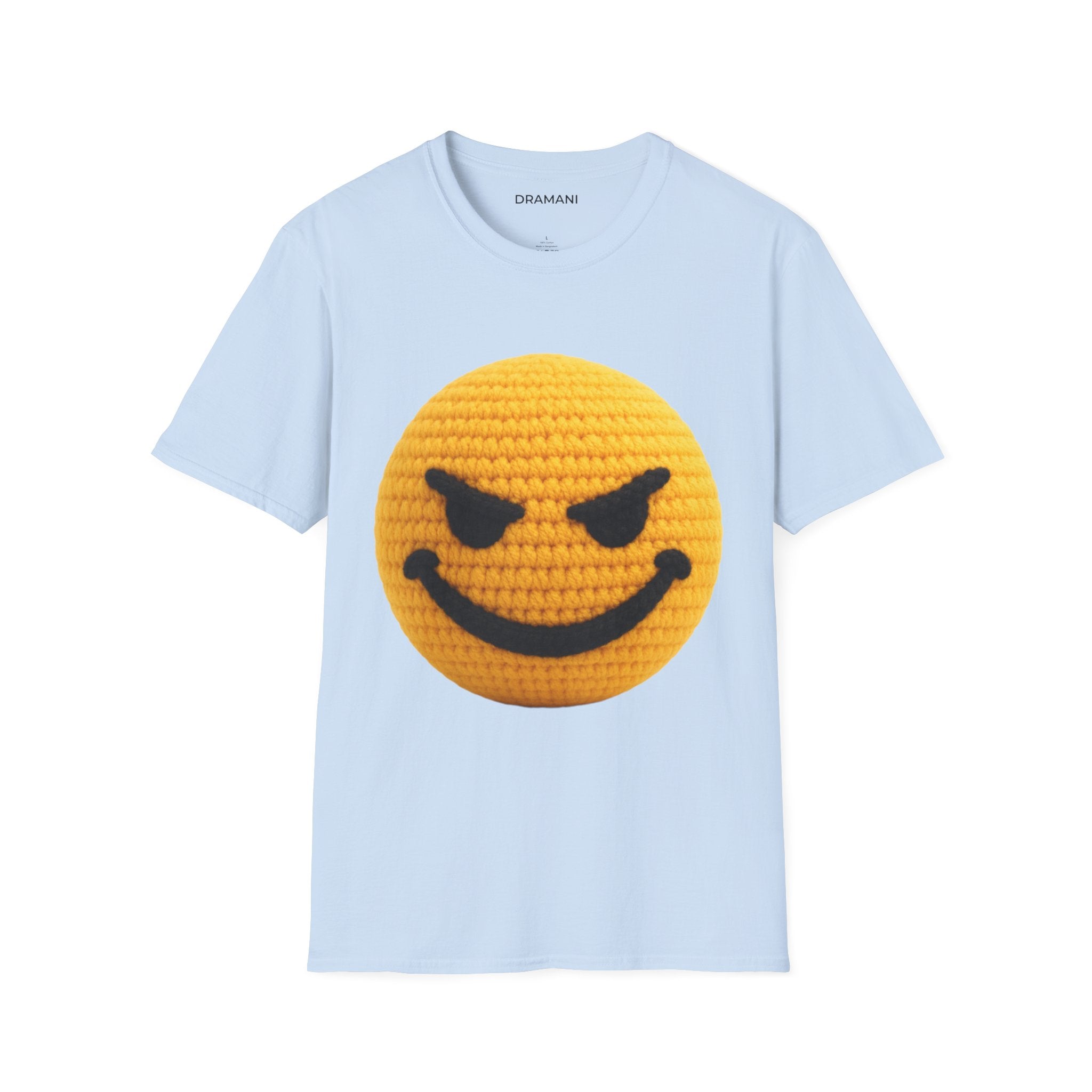 Evil Smiley Face Graphic T-Shirt | Crochet Texture Emoji Tee | Edgy Streetwear Shirt