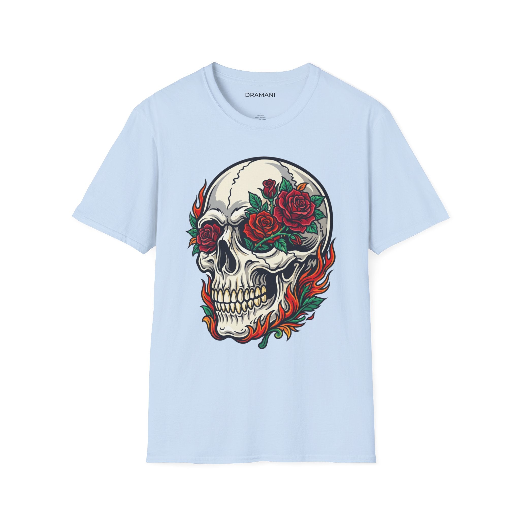 Skull Rose Graphic T-Shirt | Gothic Flame Skull Tee | Tattoo Style Streetwear