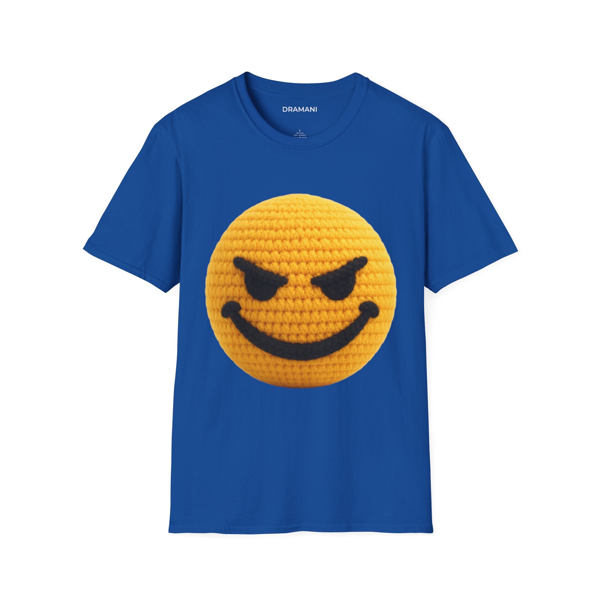 Evil Smiley Face Graphic T-Shirt | Crochet Texture Emoji Tee | Edgy Streetwear Shirt