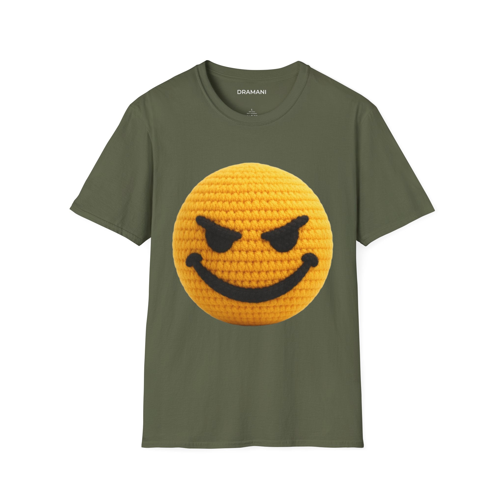 Evil Smiley Face Graphic T-Shirt | Crochet Texture Emoji Tee | Edgy Streetwear Shirt