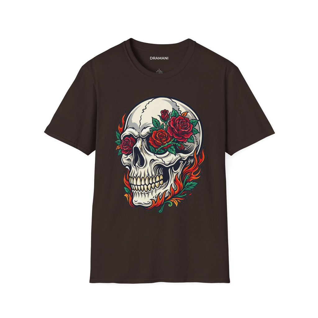 Skull Rose Graphic T-Shirt | Gothic Flame Skull Tee | Tattoo Style Streetwear