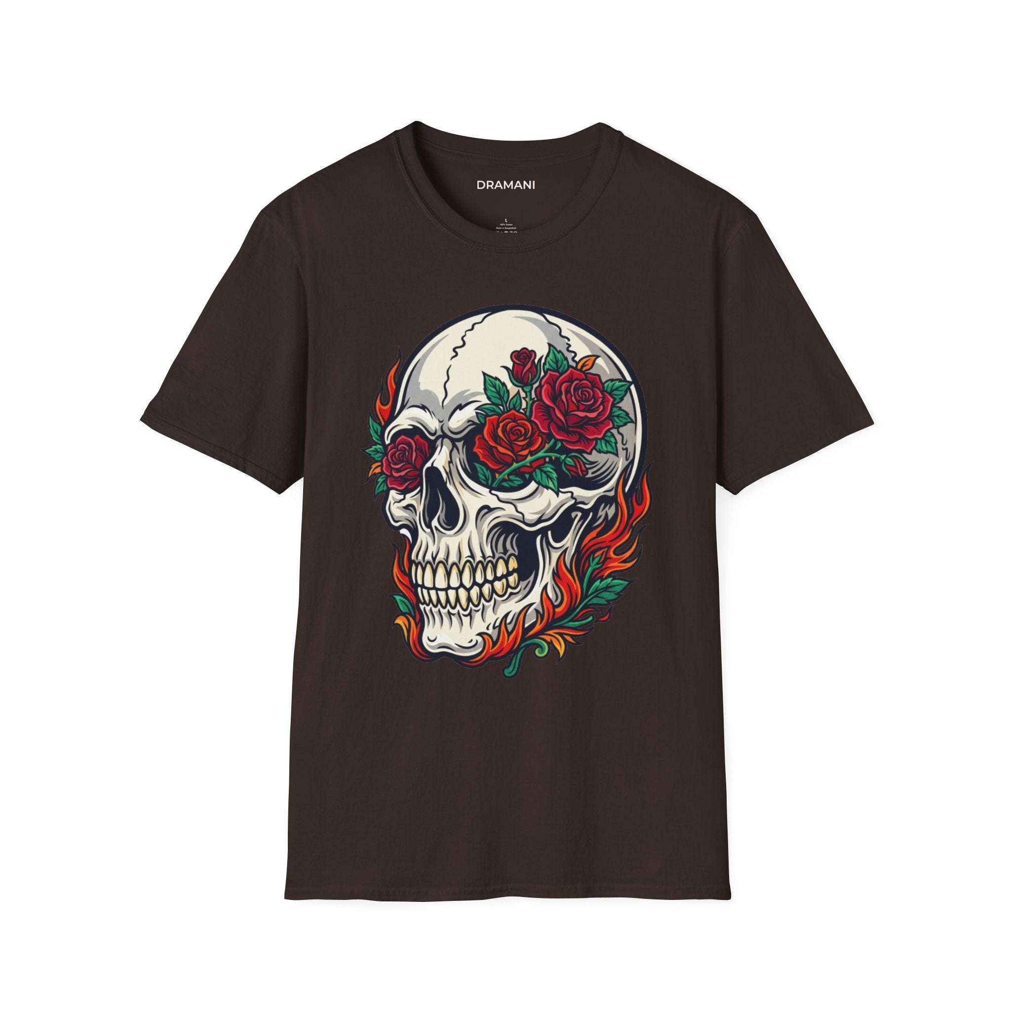Skull Rose Graphic T-Shirt | Gothic Flame Skull Tee | Tattoo Style Streetwear