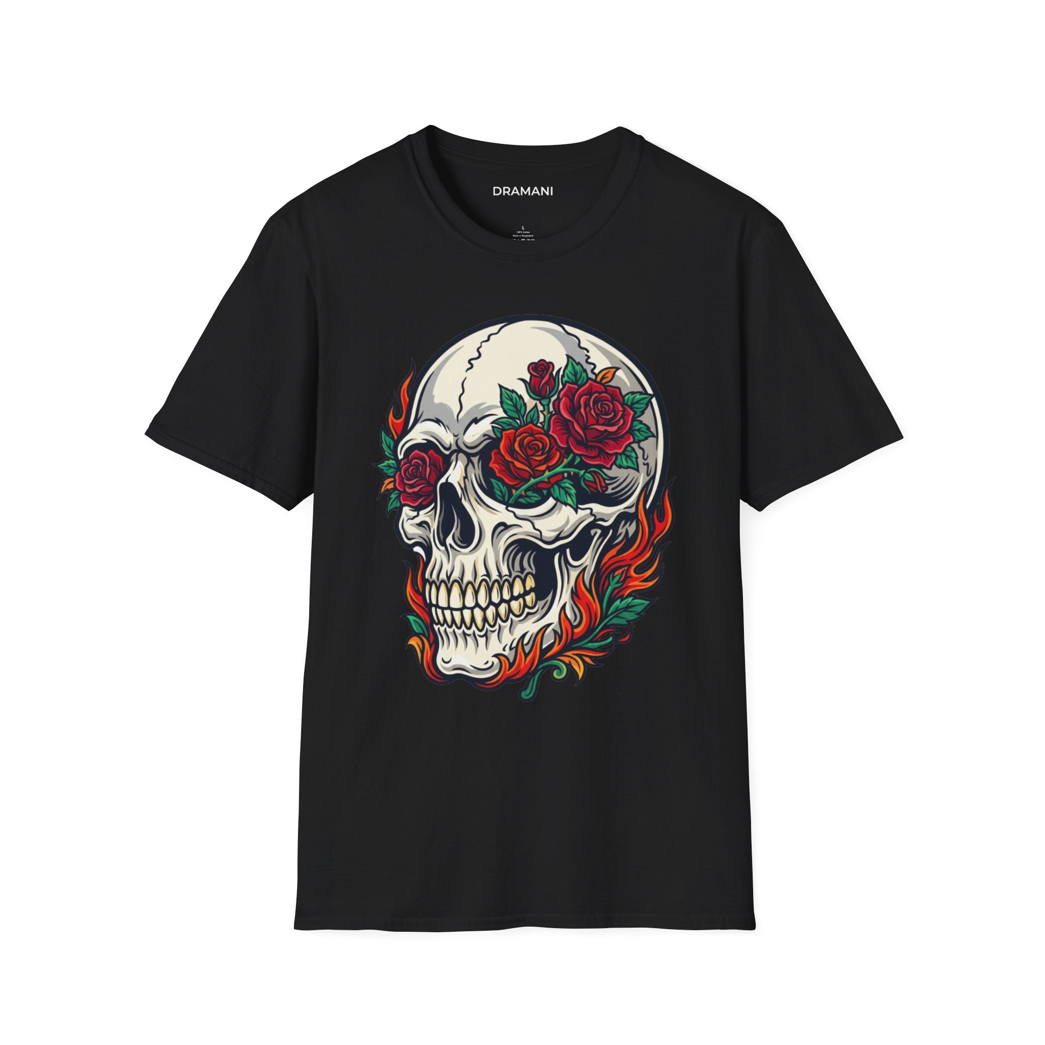Skull Rose Graphic T-Shirt | Gothic Flame Skull Tee | Tattoo Style Streetwear