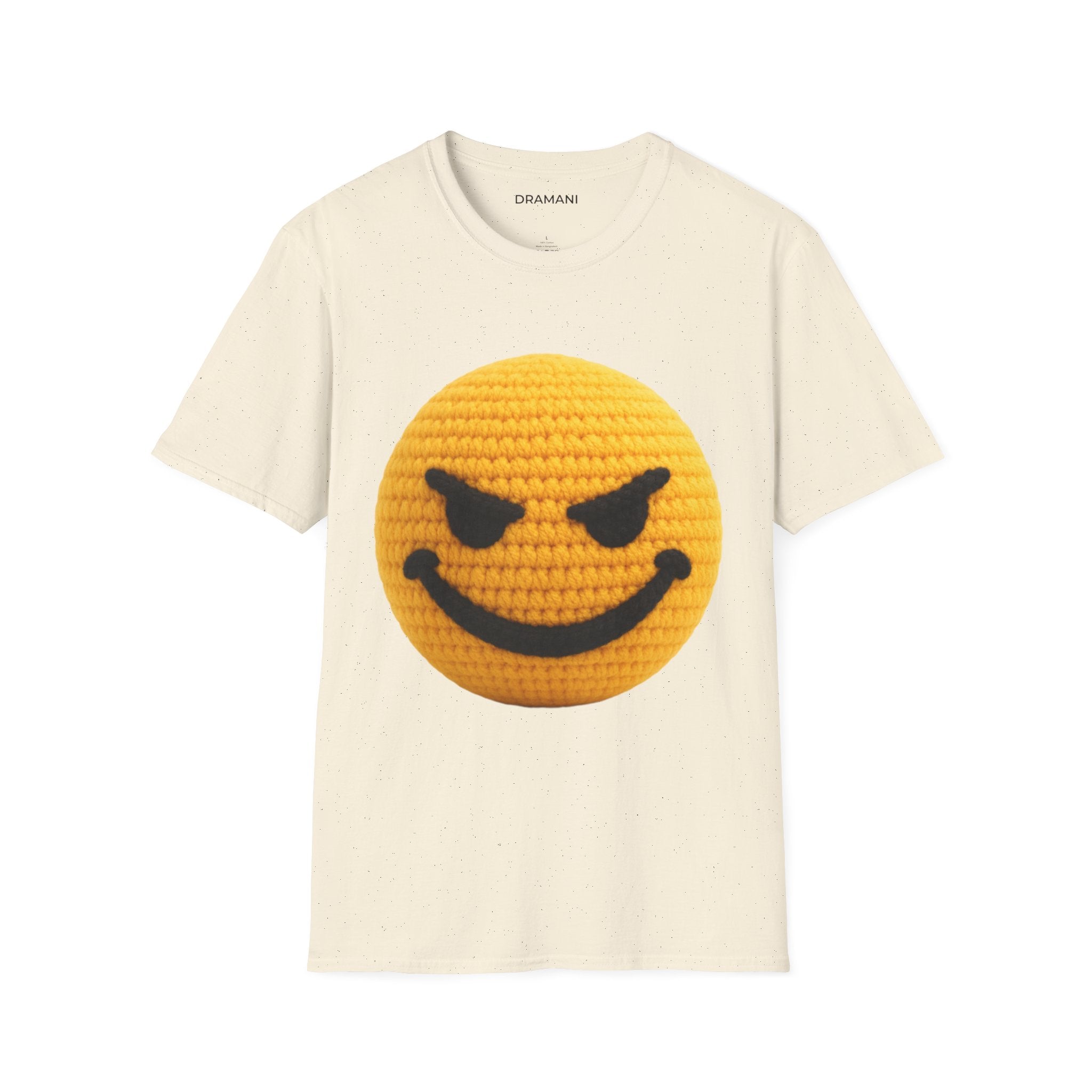 Evil Smiley Face Graphic T-Shirt | Crochet Texture Emoji Tee | Edgy Streetwear Shirt