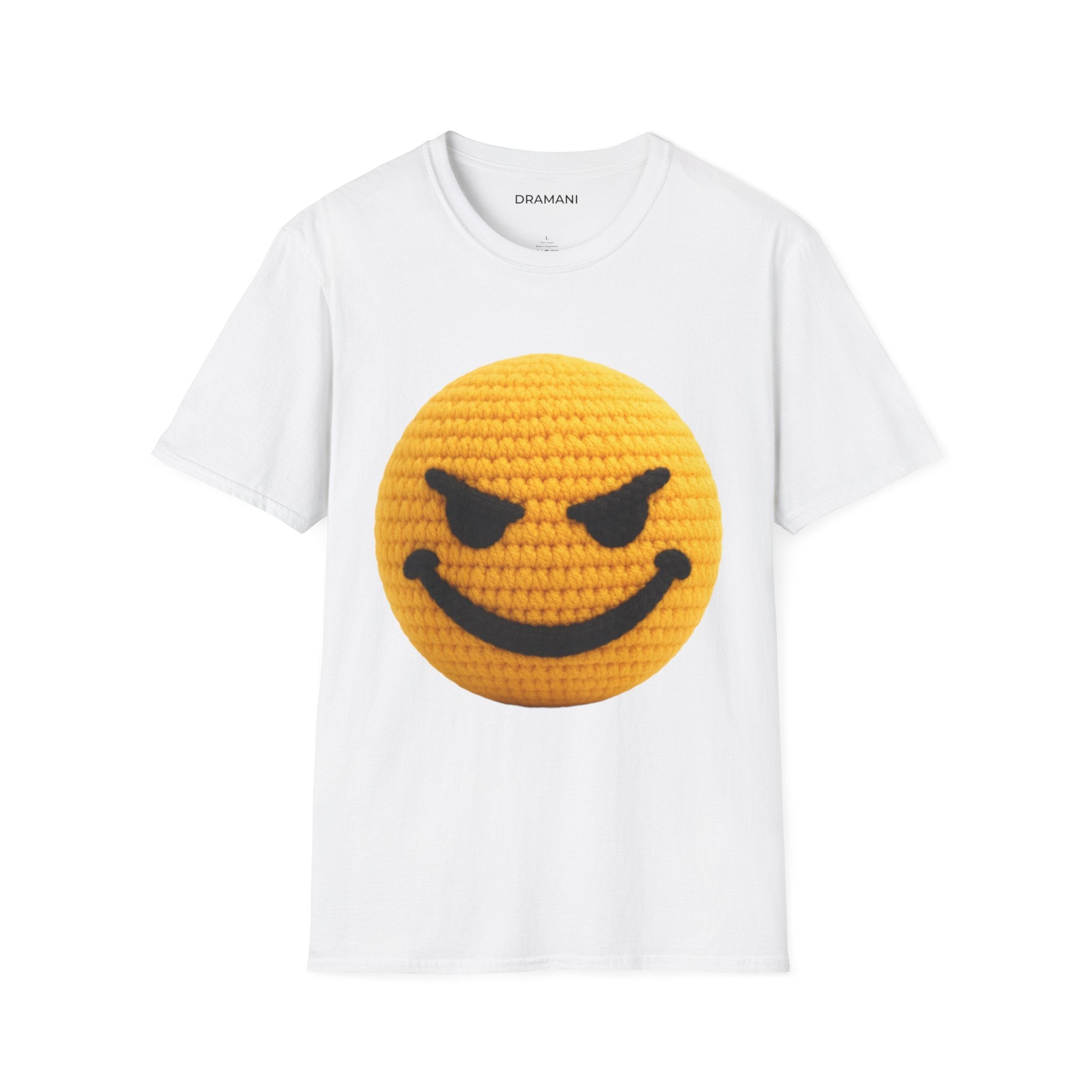 Evil Smiley Face Graphic T-Shirt | Crochet Texture Emoji Tee | Edgy Streetwear Shirt