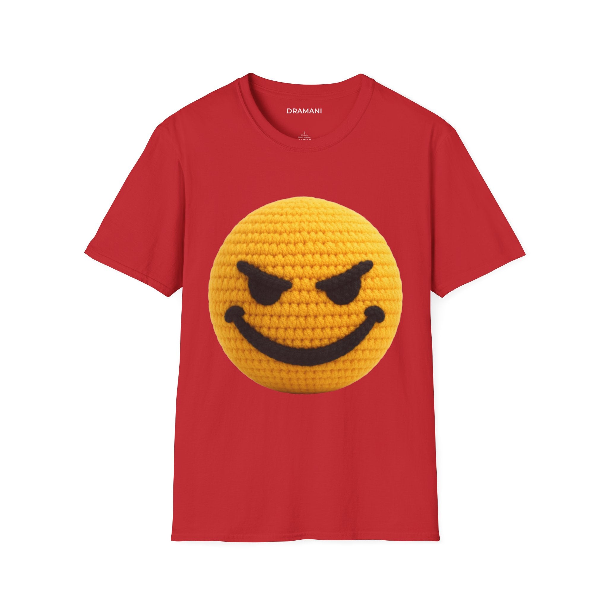 Evil Smiley Face Graphic T-Shirt | Crochet Texture Emoji Tee | Edgy Streetwear Shirt