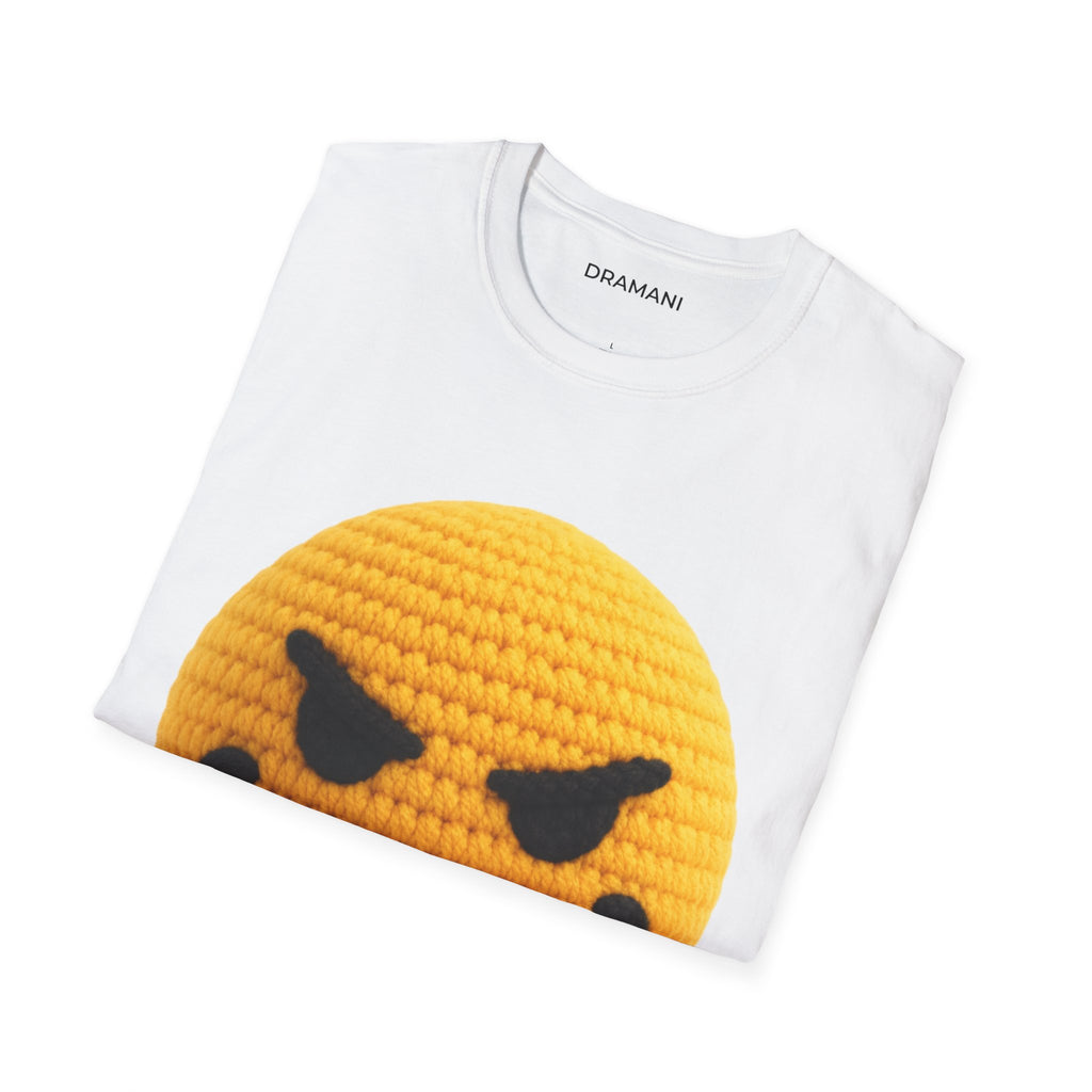 Evil Smiley Face Graphic T-Shirt | Crochet Texture Emoji Tee | Edgy Streetwear Shirt