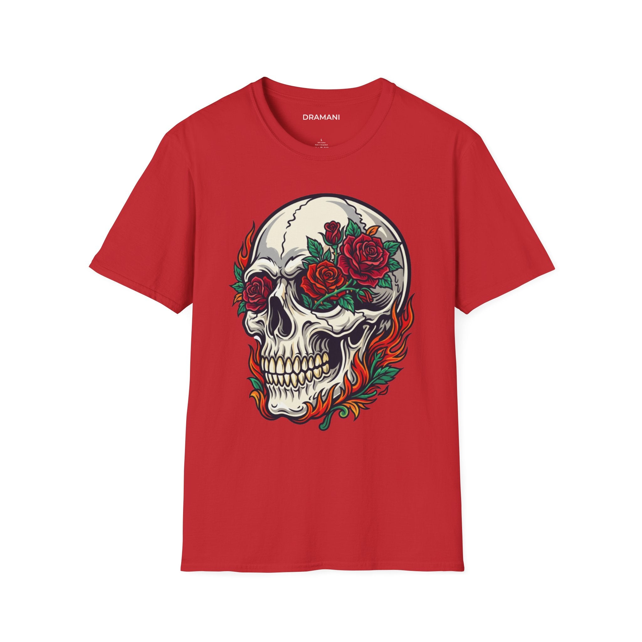 Skull Rose Graphic T-Shirt | Gothic Flame Skull Tee | Tattoo Style Streetwear