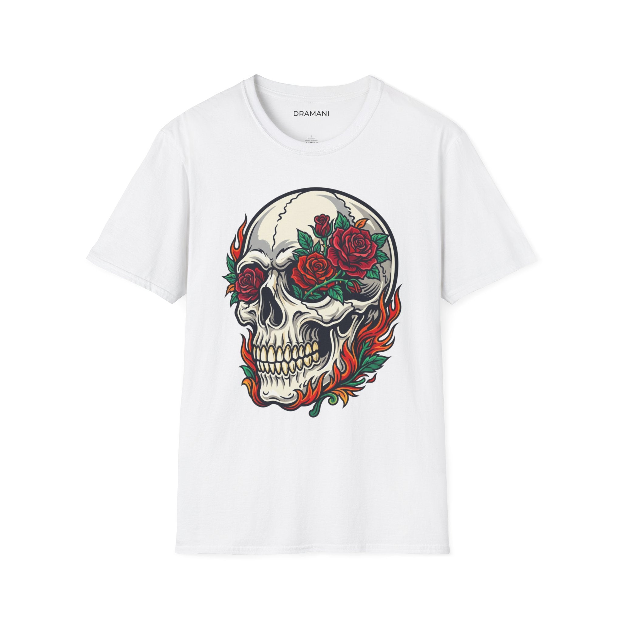 Skull Rose Graphic T-Shirt | Gothic Flame Skull Tee | Tattoo Style Streetwear
