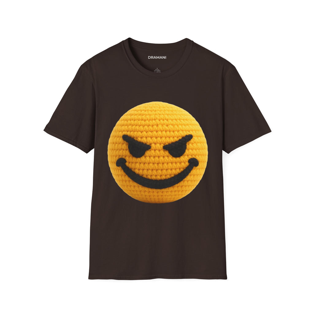 Evil Smiley Face Graphic T-Shirt | Crochet Texture Emoji Tee | Edgy Streetwear Shirt