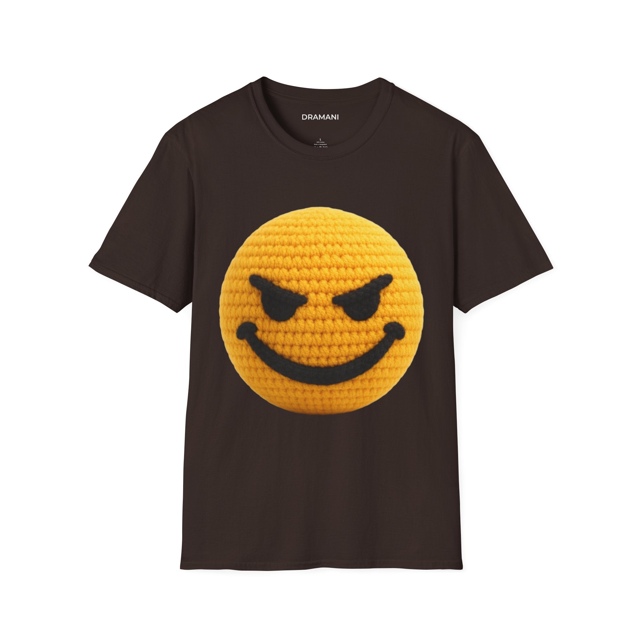 Evil Smiley Face Graphic T-Shirt | Crochet Texture Emoji Tee | Edgy Streetwear Shirt