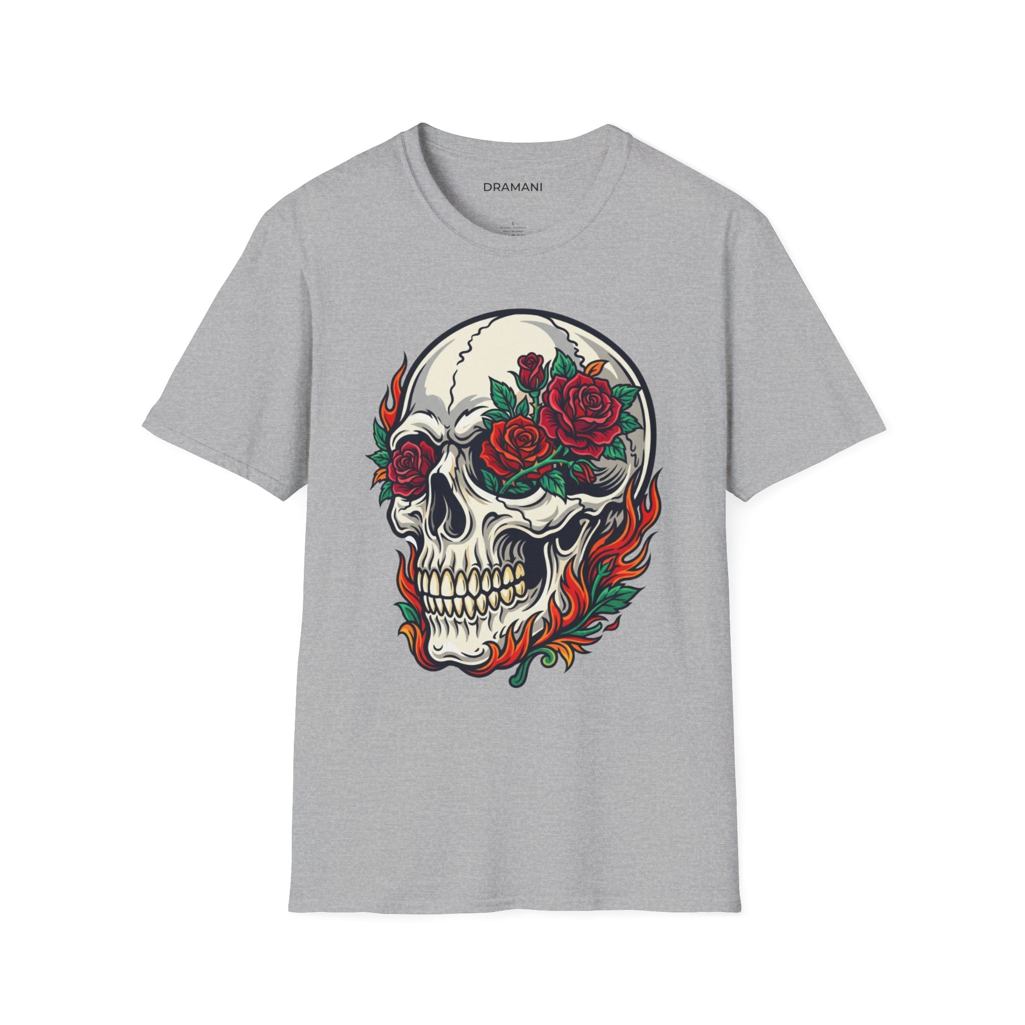 Skull Rose Graphic T-Shirt | Gothic Flame Skull Tee | Tattoo Style Streetwear