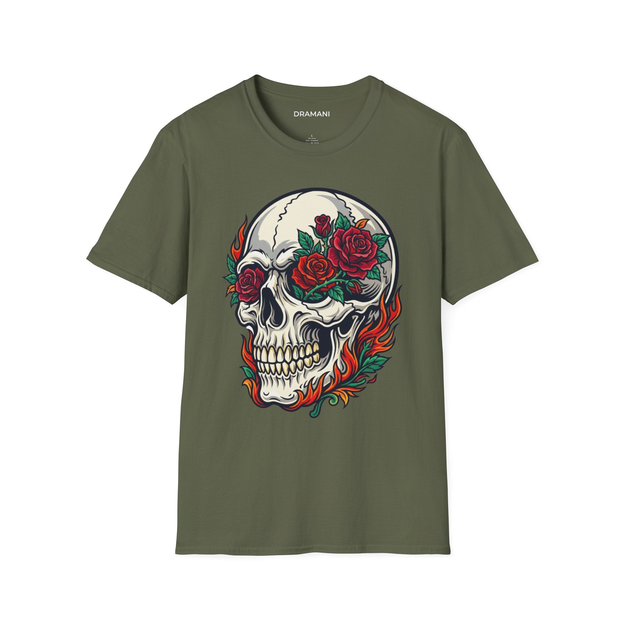 Skull Rose Graphic T-Shirt | Gothic Flame Skull Tee | Tattoo Style Streetwear