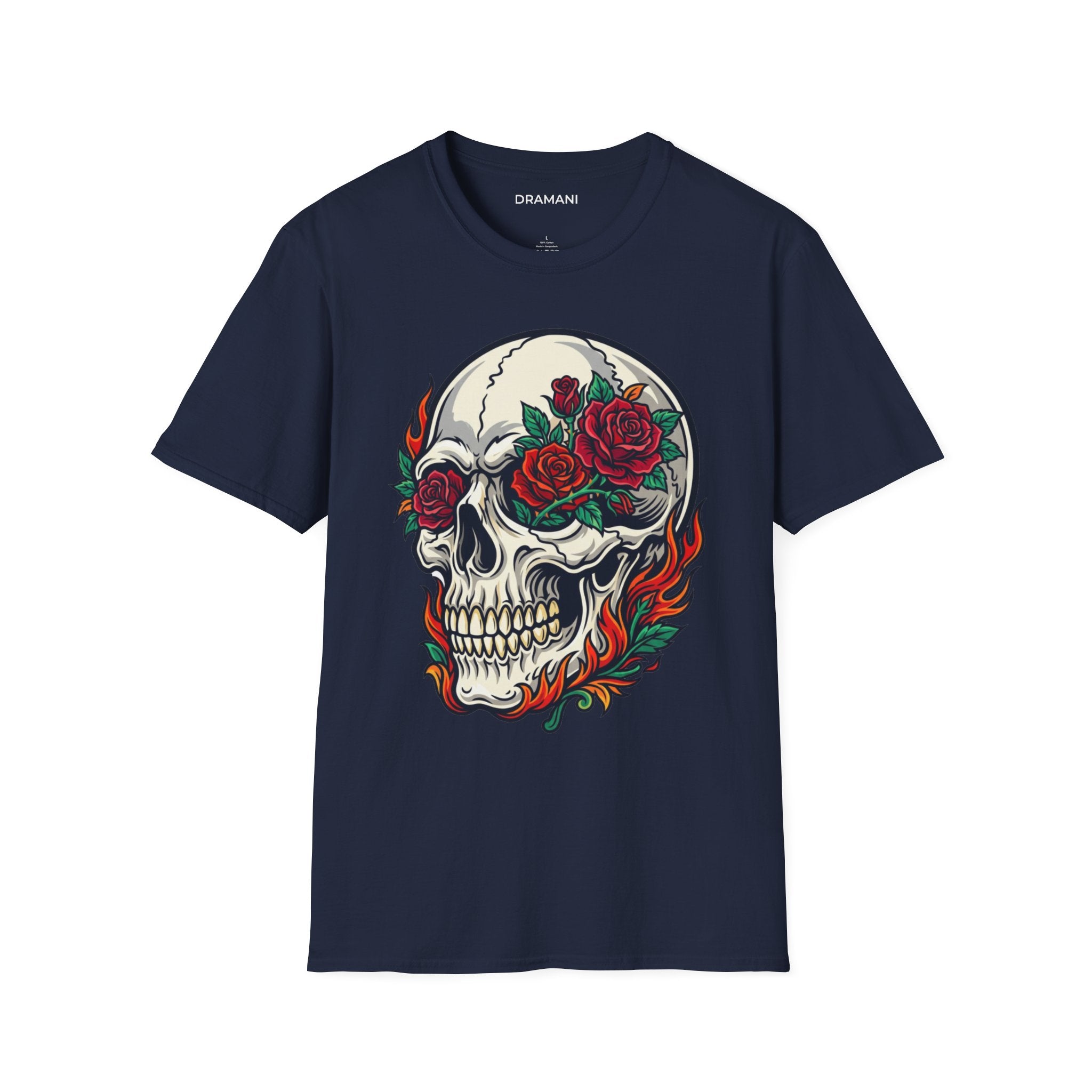 Skull Rose Graphic T-Shirt | Gothic Flame Skull Tee | Tattoo Style Streetwear