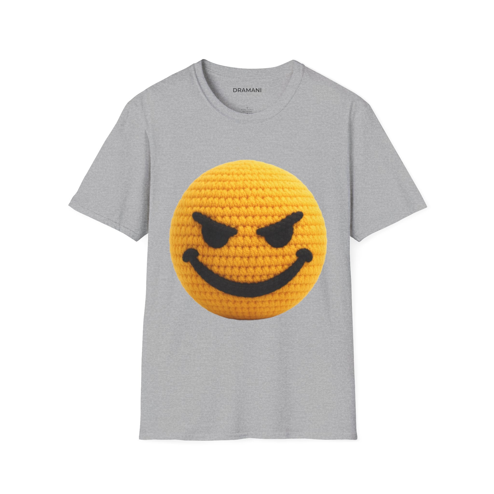 Evil Smiley Face Graphic T-Shirt | Crochet Texture Emoji Tee | Edgy Streetwear Shirt